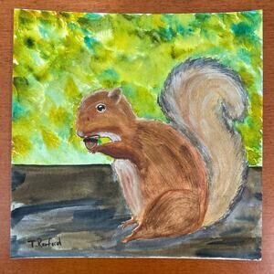 Hand painted watercolor original painting brown squirrel acorn